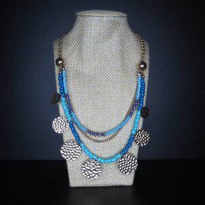 Beaded Necklace in Shades of Blue with Gold Color Coin Charms